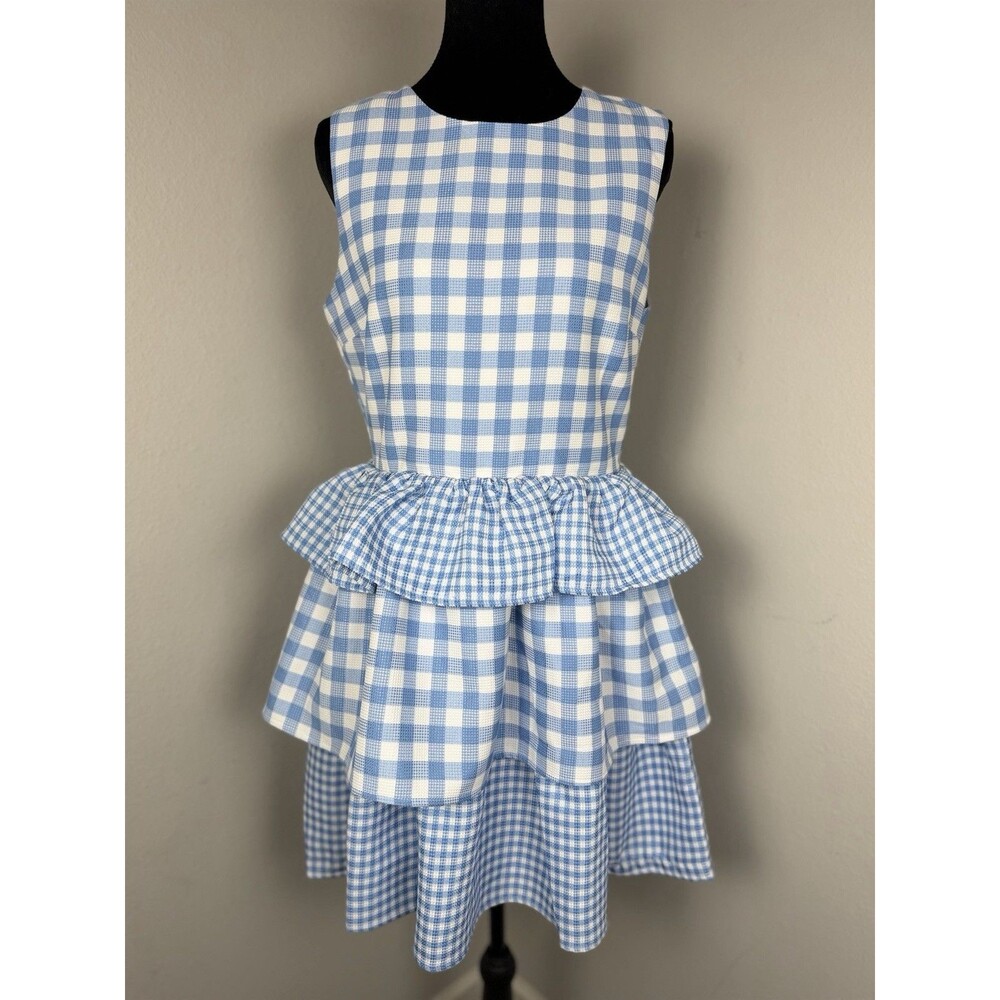 English Factory Blue Gingham Tiered Ruffle Dress Size M Fit & Flare Lined - Picture 2 of 14
